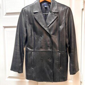 Ann Taylor Jacket Women L Soft Black Leather Double Breasted Blazer Classic Coat